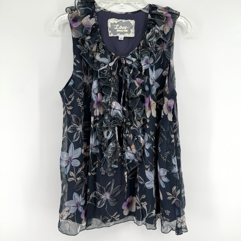 Johnny Was Top XS Blue Floral Silk Travis Chiffon Ruffle Sleeveless Blouse